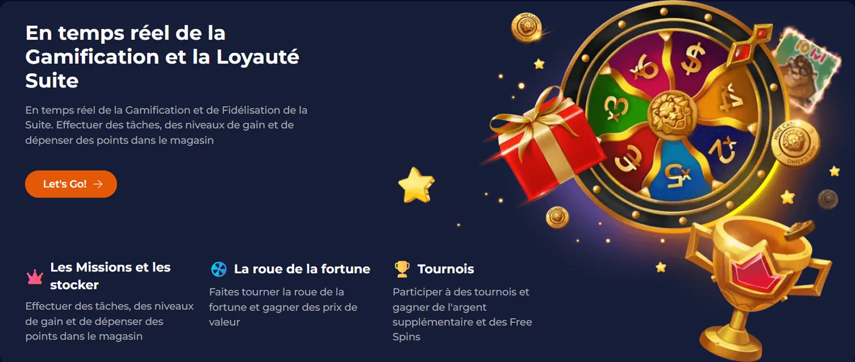 Suite fidélité Nine Casino avec roue de la fortune, missions et tournois en temps réel