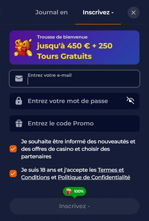 Formulaire d’inscription avec bonus de 450 € et 250 tours gratuits