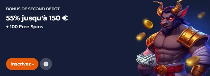 Bonus second dépôt 55 % jusqu’à 150 € + 100 free spins, image minotaure