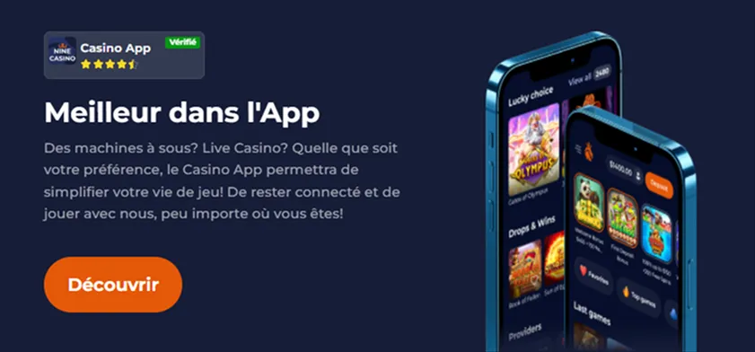 Application mobile Nine Casino avec jeux, machines à sous et live casino affichés