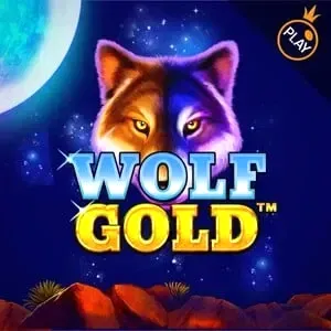 Wolf Gold slot game with glowing wolf and desert background